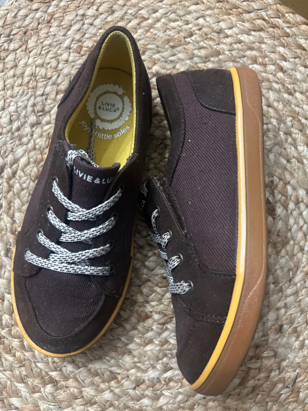 Livie & Luca Brown Canvas Sneakers with Yellow Lining